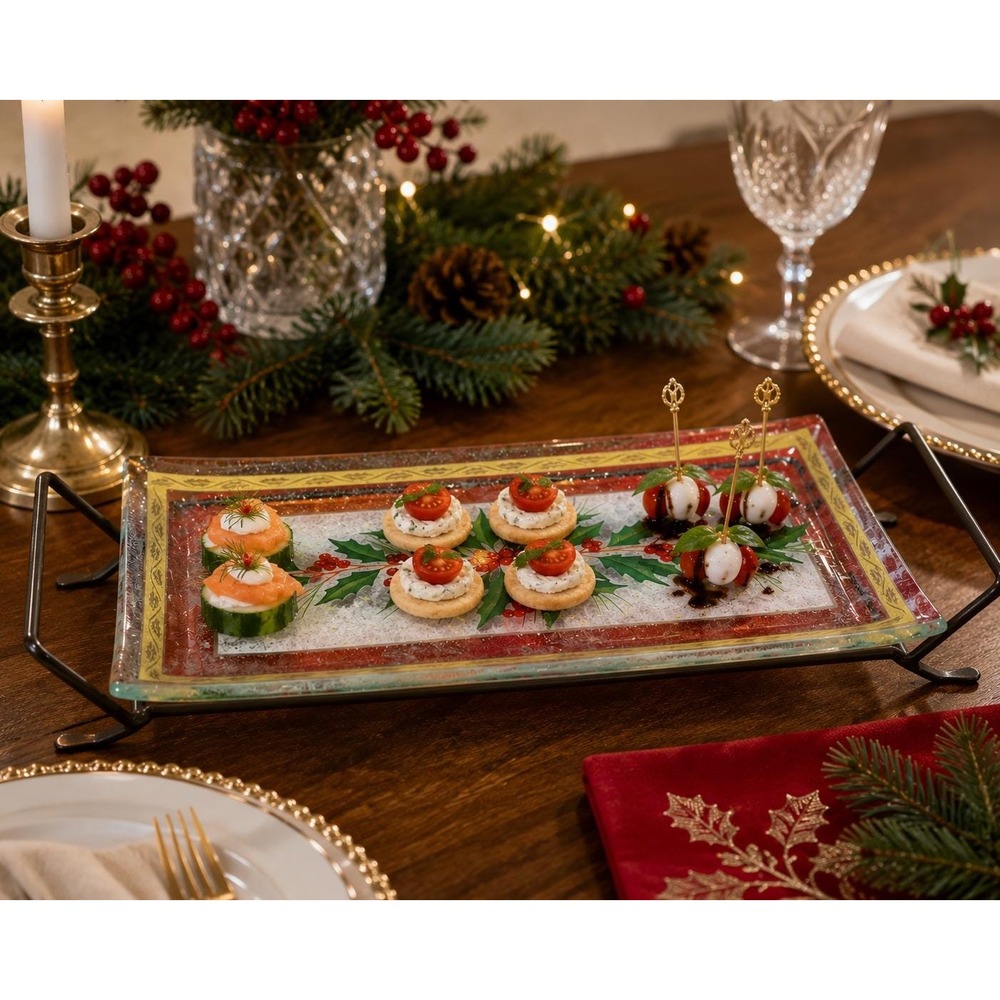 Gorham Festive Holly Glass Serving Tray with Metal Rack Christmas Holiday